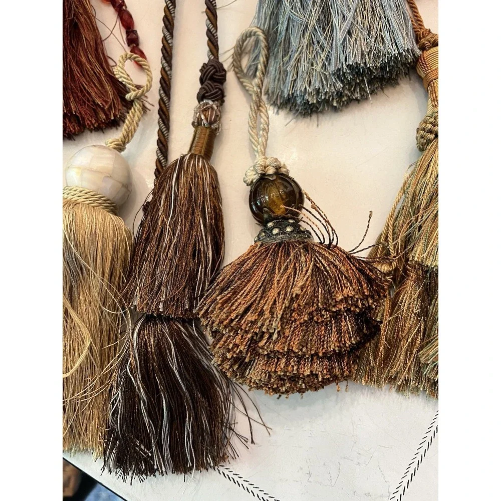 Lot Of 9 Decorative Tassels Attached Looped Cords 7 Lg. 1 All Beads 1 Wood Beads